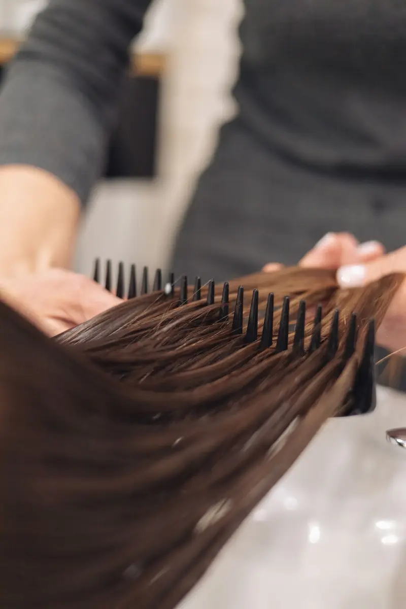 Close view of a wide-tooth comb drawn through long, smooth brown hair.